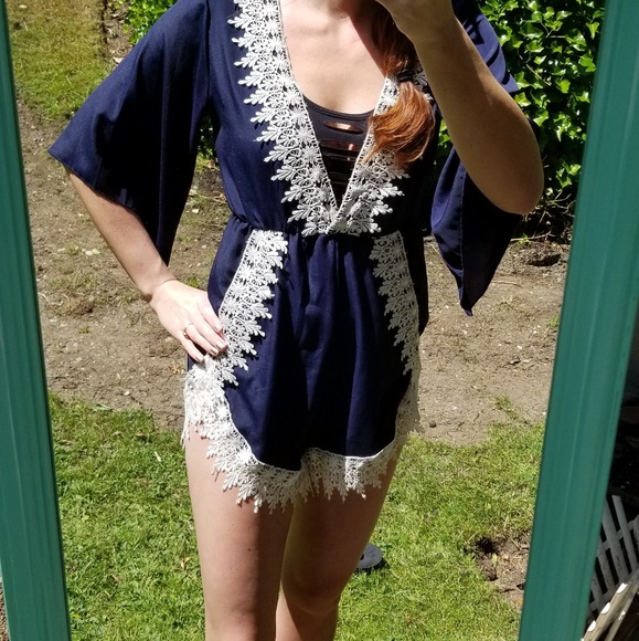 Pants - CLEARANCE Boho M Navy blue & White Crochet Romper